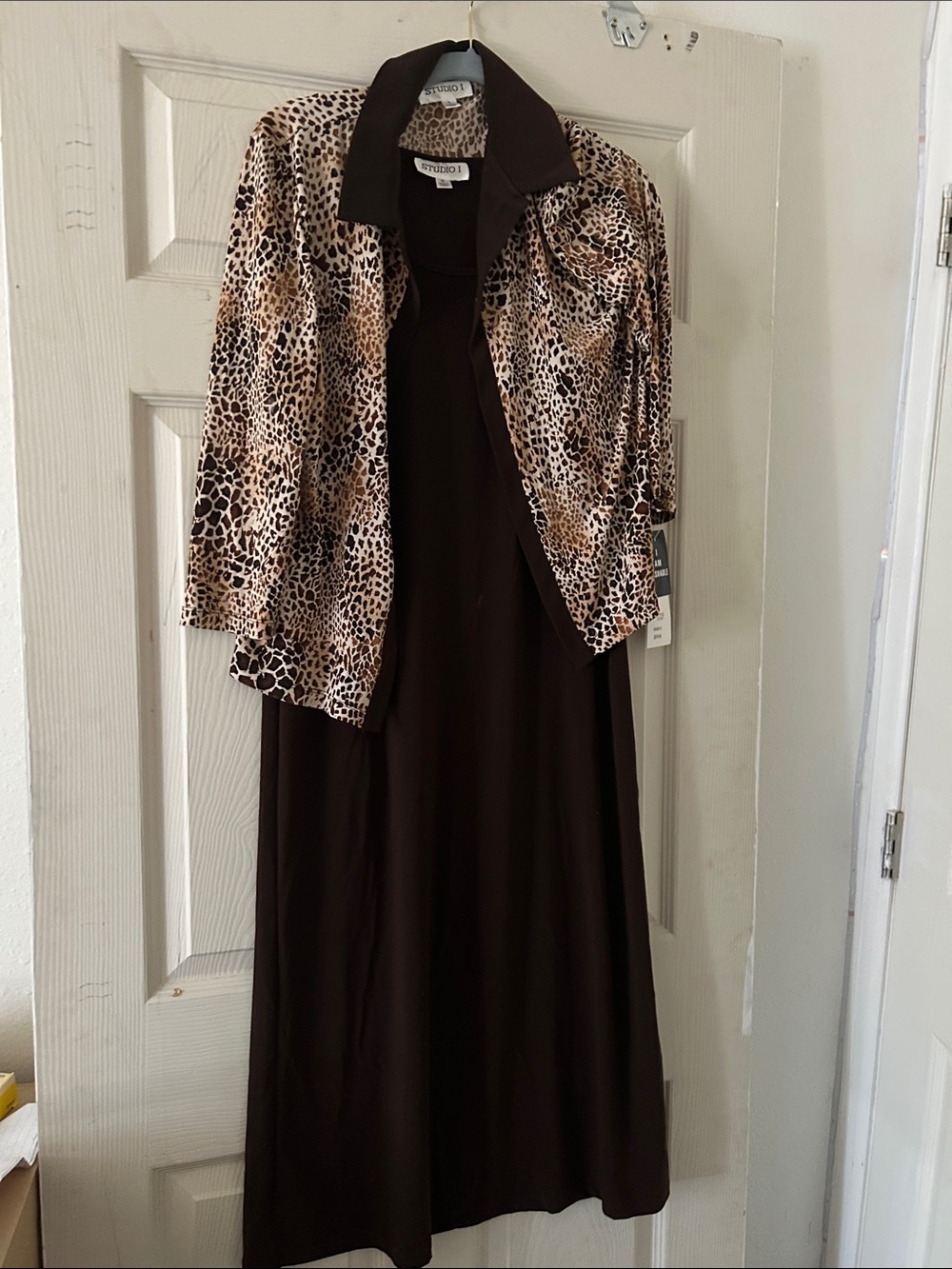 Studio I Brown Maxi Dress with Leopard Print Jacket